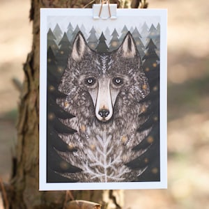 Wolf van het noorden - wenskaart bos briefkaart wolf bos cadeau magisch sprookje artwork viking dieren vos wolven tatoeage bloemen