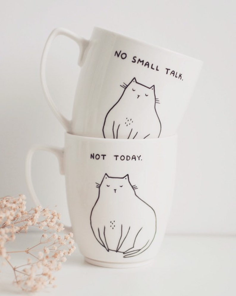 Cat Mug Personalised Antisocial hand painted cup not today leave funny hipster dark humour quirky animal cute funky vegan cartoon comic image 7