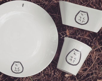 Hedgehog Set - Mix & Match - cup + bowl + plate - hand painted quirky wild animal cute mug dish forest woods gift cartoon kids kitchen gift