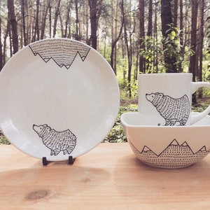Juego de oso de montaña - Mix&Match - taza + tazón + plato - plato lindo de animal salvaje peculiar pintado a mano bosque regalo dibujos animados niños cocina regalo