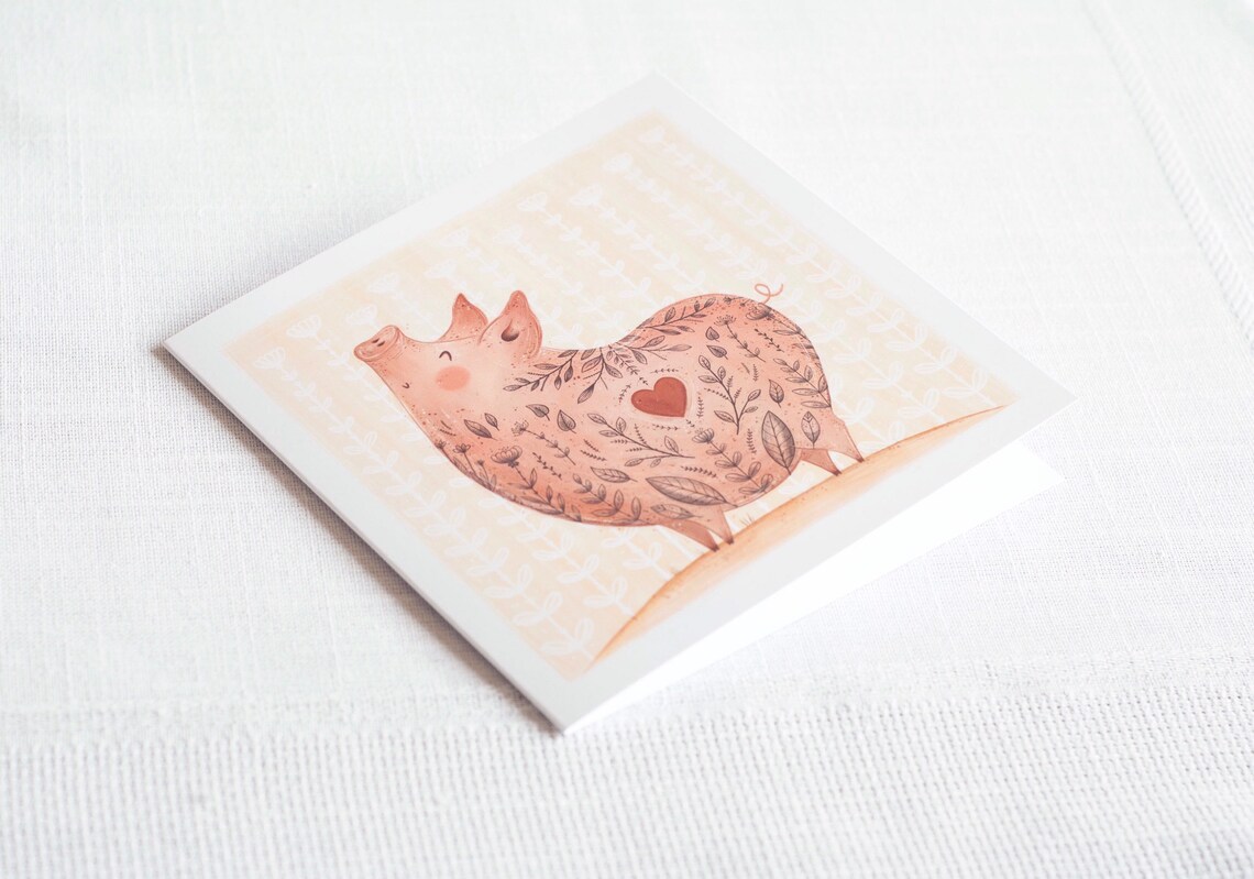 Pig Gift Card Greeting Birthday Card Animal Postcard Piglet Etsy