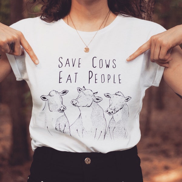 Kuh-T-Shirt - Save Cows Eat People - Vegan Unisex-T-Shirt Tierrechte vegetarische Tiere lustiges Öko-Shirt Kuh Illustration Geschenk Geschenk Tshirt