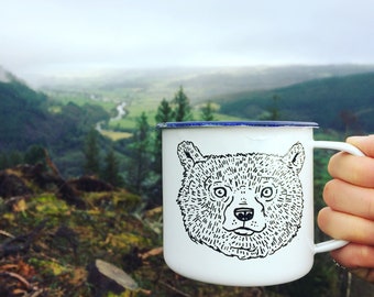 Enamel Camping Mug - Bear - hand painted cup illustrated quirky wild animal funny cute camper dish forest woods eco fauna vegan gift present