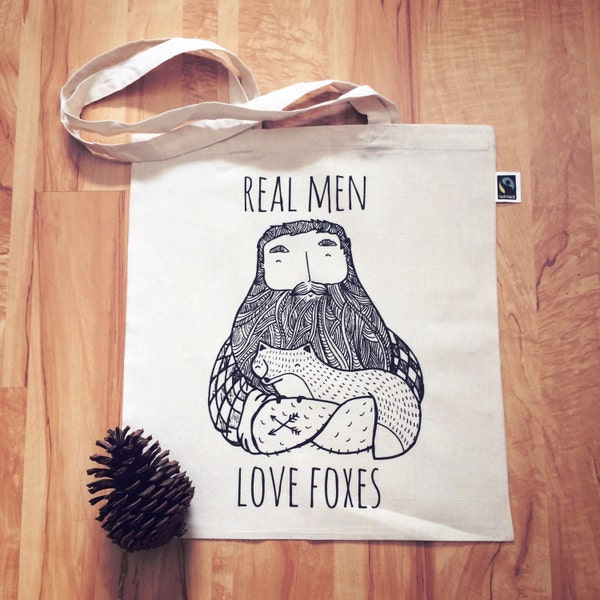 Real Men Love Foxes - Tote Bag Animal Rights Fox Beard eco coton déclaration drôle Forest Woods Wild Vegan Hipster Quirky Funny Gift Present