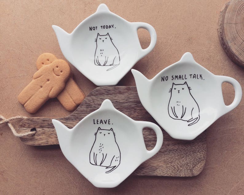 Antisocial Cat Tea Bag / Spoon Rest - Hand painted personalised funny teapot dish evil funny hipster quirky cute vegan cartoon comic 