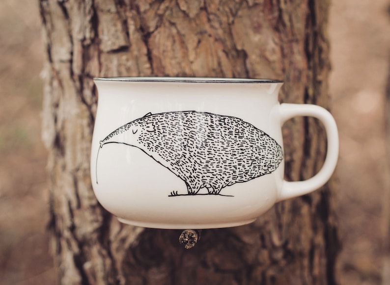 Anteater Ceramic Vintage Mug hand painted oldschool quirky wild enamel animal cute rustic cabin woods forest gift image 1