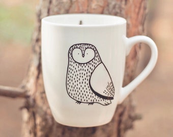 Eulenbecher – handbemalte Tasse, schrulliger Vogel, Wald, wildes Tier, lustiges süßes Gericht, funky Eulen, Wald, Wälder, Fauna, Geschenk, Cartoon, Küche, Geschenk, Vögel