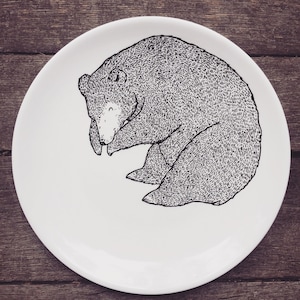 Sleeping Bear Plate Decorative hand painted illustrated quirky wild animal cute dish forest woods fauna present gift dinner bears handmade image 1