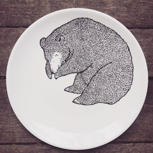 Sleeping Bear Plate - Decorative hand painted illustrated quirky wild animal cute dish forest woods fauna present gift dinner bears handmade