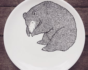 Sleeping Bear Plate - Decorative hand painted illustrated quirky wild animal cute dish forest woods fauna present gift dinner bears handmade