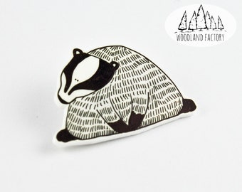 BADGER Pin or Fridge Magnet - a hand illustrated cute animal plastic brooch badge quirky animal gift illustration jewellery present woods