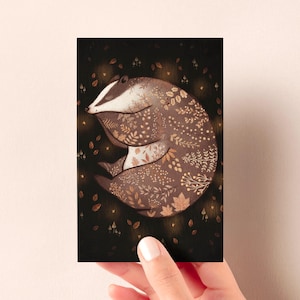 Sleeping Badger Card - Woodland Animal Greeting Card Gift Postcard Birthday forest magic fairy tale artwork animals tattoo floral nursery