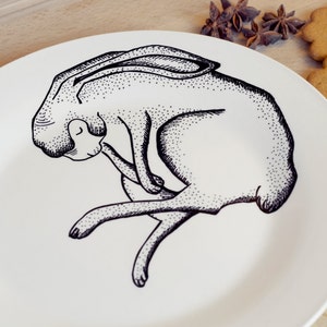 Sleeping Hare Plate decorative hand painted plate wild animal cute dish forest woods fauna present gift bunny dinner decor gift folk image 3