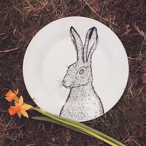 Hare Plate - hand painted illustrated quirky animal dessert plate easter funny cute dish forest woods rabbit bunny present gift christmas