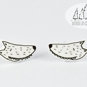 Wolf earrings - a pair of hand illustrated wolf studs wild animal stud forest nature gift cartoon funny quirky summer jewelry direwolf