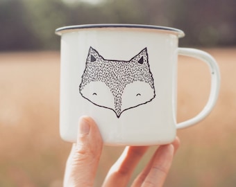 Fox Enamel Camping Mug - hand painted cup quirky wild fox animal funny cute outdoors forest woodland animal woods fauna summer gift