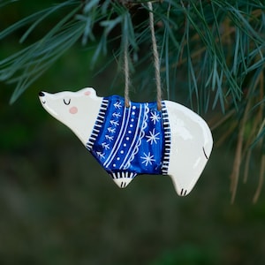 Polar Bear Figurine - Clay Ornament, Christmas Tree Decoration, Home Decor,  Quirky Floral Tattoo, Woodland Animal Gift present woods