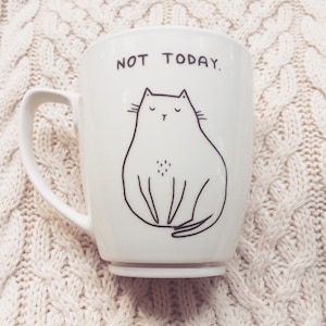 Cat Mug - Personalised Antisocial hand painted cup not today leave funny hipster dark humour quirky animal cute funky vegan cartoon comic