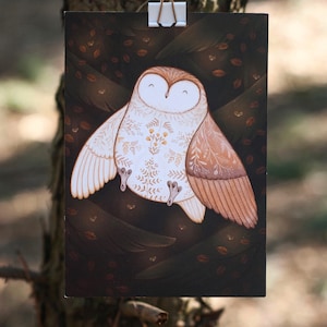 Uilkaart - bos cadeaukaart briefkaart slapende vogel bos magisch sprookje kunstwerk dieren uilen bos tatoeage bloemenkwekerij