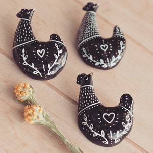 Hen Pin OR Magnet a handmade polymer clay chicken brooch kitchen fridge cute ceramic botanical witch badge gift black jewellery vegan love image 4