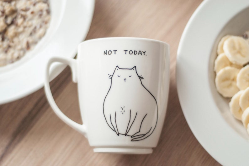 Cat Mug Personalised Antisocial hand painted cup not today leave funny hipster dark humour quirky animal cute funky vegan cartoon comic image 4