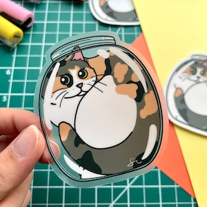 Calico Cat in Fish Bowl | Funny Liquid Cat Stickers | Clear Matte Vinyl Sticker | Laptop, Notebook, Journaling, Scrapbooking