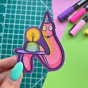 Cartoon Worm Birthday Waterproof Sticker – Festive Sticker for Party Decor, Gifts, Birthday Cards – Funny Vinyl Decal Laptop, Water Bottle