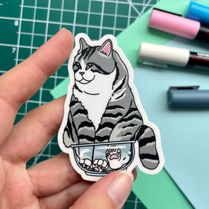 Grey Tiger Cat in Fish Bowl | Funny Liquid Cat Stickers | Glossy Vinyl Sticker | Laptop, Notebook, Journaling, Scrapbooking