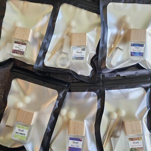 Puede incluir: Varias botellas de vidrio peque&ntilde;as con tapas de madera, cada una etiquetada con un nombre de aroma diferente, est&aacute;n empaquetadas en bolsas de pl&aacute;stico transparente con bordes negros. Los aromas incluyen "Blueberry", "Electric Blue", "Star Stuff", "Odor Eliminator", "Bite Me" y "Apricot Grove".