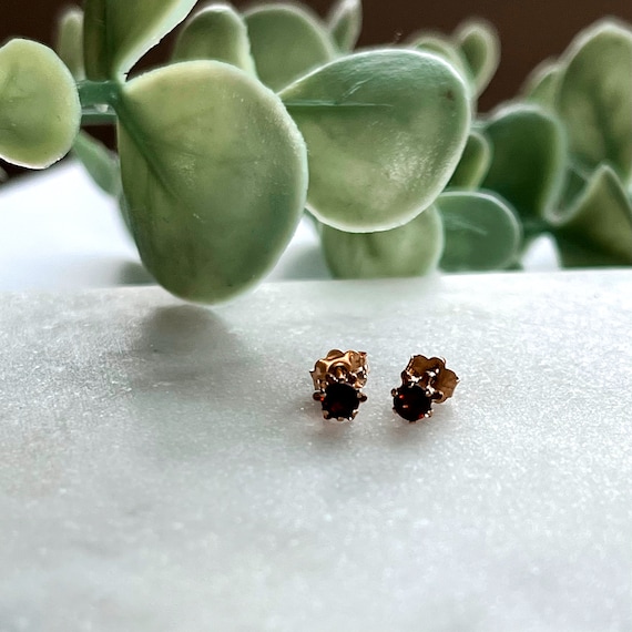 14K Yellow Gold Genuine Garnet Stud Earrings - image 2