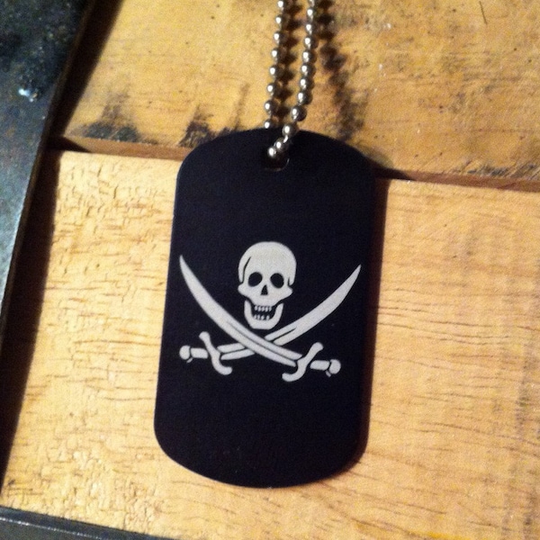 Jolly Roger dog tag, pirate dog tag, cosplay, halloween, pirate booty, childrens pretend, skull and swords