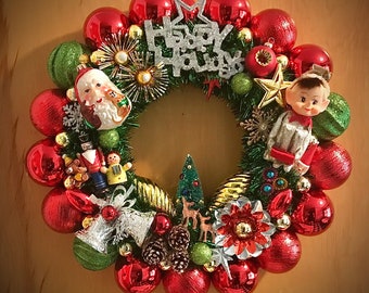 　Decorated Christmas Wreath Whimsical Ribbon Christmas Wreath for Front Door, Red and