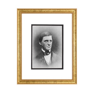 May include: Black and white portrait photograph of a man in a suit and bow tie. The photograph is framed in a gold frame.