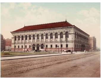 May include: Vintage colorized image of the Boston Public Library, a large building with a red tile roof and arched windows. The building's facade is light-colored stone, and the image includes the text "PUBLIC LIBRARY OF THE CITY OF BOSTON."