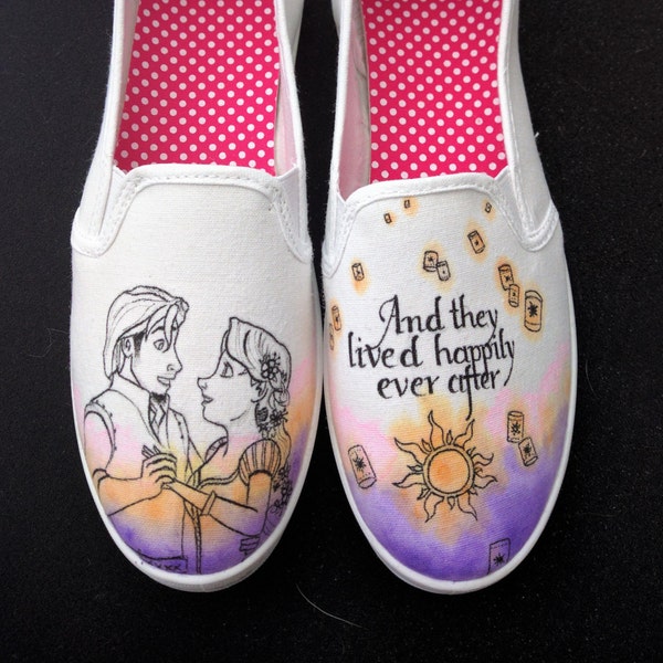 Disneys Tangled Rapunzel and Flynn Ryder custom wedding happily ever after hand painted shoes