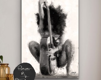 Black Woman Guitar Art: Afro Canvas Print (Digital Art)