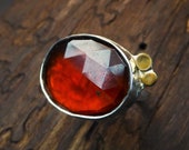 Hessonite Garnet Ring- Orange Rose Cut Garnet- Sterling Silver 24KT Gold