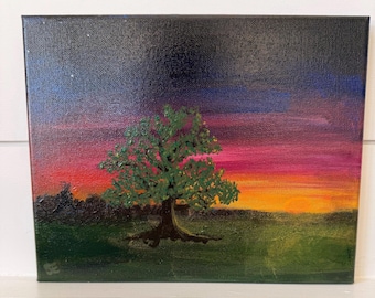 Original akrylmålning "Ett gyllene ögonblick" - Solnedgång i Texas Hill Country med en levande ek. 25 x 20 cm