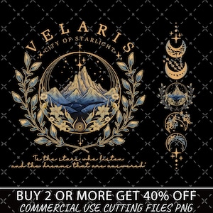 Könnte beinhalten: Ein digitales Kunstdesign in Gold und Blau mit dem Text "VELARIS CITY OF STARLIGHT" und dem Zitat "To the stars who listen and the dreams that are answered".