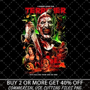 Op de afbeelding: Een horrorfilm poster voor "Terrifier" met een dreigende clown die een bloedig mes vasthoudt. De poster bevat de tekst "A Damien Leone Film" en "He's killing them one by one". De achtergrond is zwart met een kruisarcering patroon.