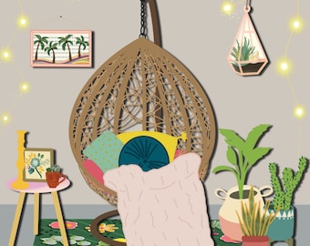 Boho Wall Art | Egg Chair Drawing | Digital Download | Botanical Art | Whimsical Room Art | Cozy Art Print | Hanging Chair Art | Colorful