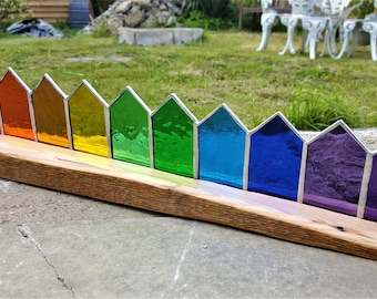 Beautiful Hand Crafted Stained Glass Long Rainbow Beach Huts on Reclaimed Wood