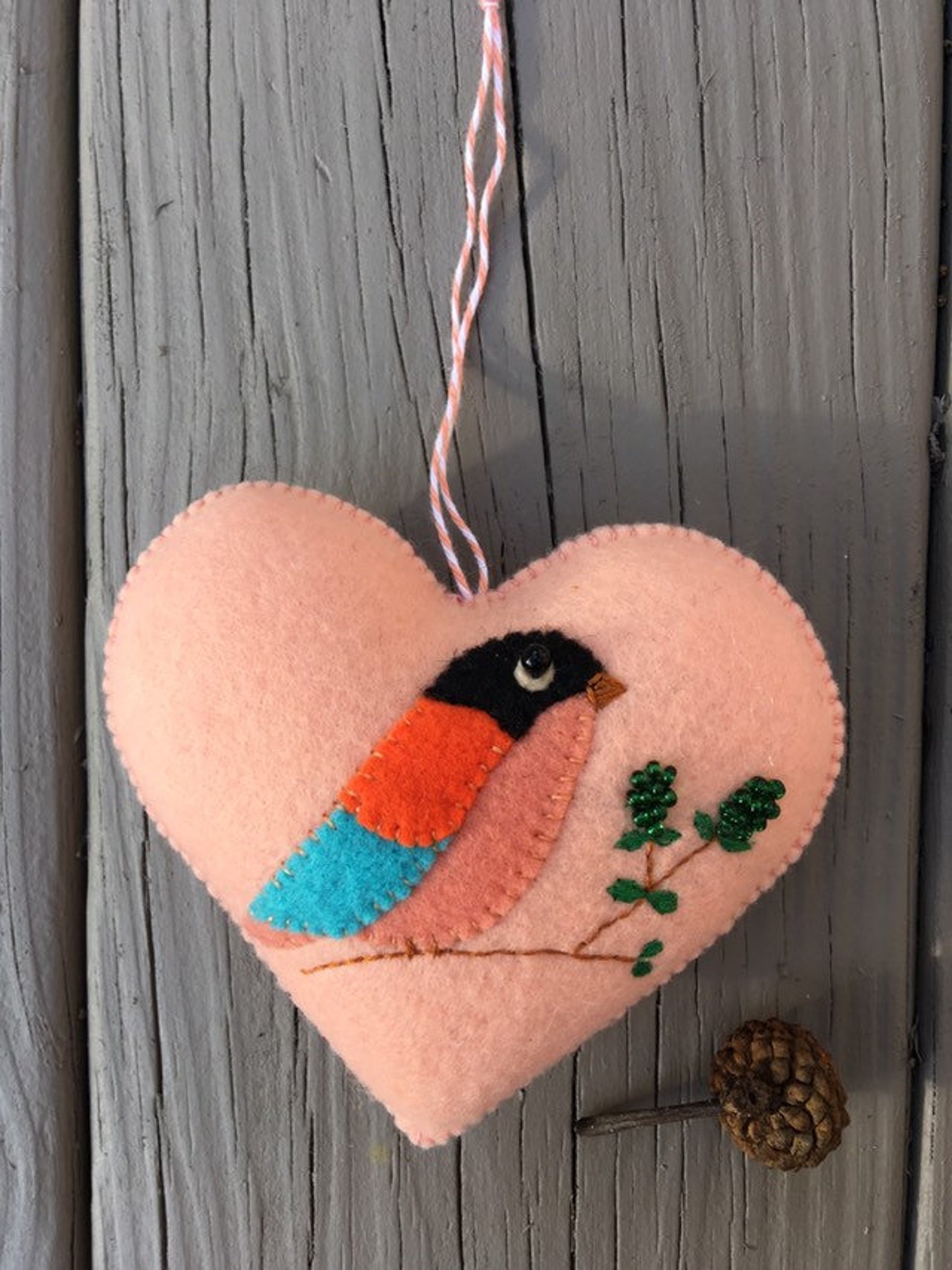 Felt Bird Beaded Heart Ornament / Christmas Ornaments/ Etsy