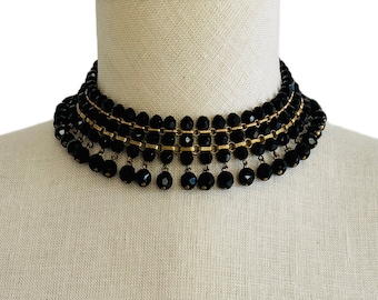 Vintage Black Gold Multi Strand Beaded Choker Necklace, Adjustable Black Bead Bib Necklace, Collar Necklace, Bold Statement Layered