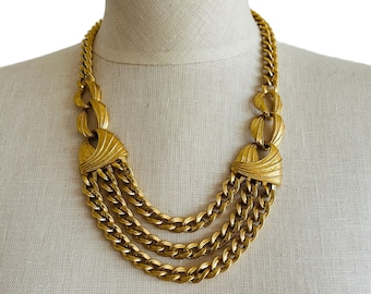 Vintage Napier Signed Heavy Gold Cable Multi Chain Layered Choker Necklace, Statement Curb Chain Necklaces, Runway Statement Haute Couture