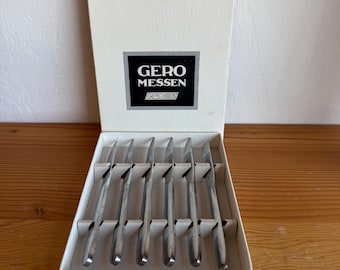 Set di 6 coltelli vintage Gero Roestvrij in acciaio inox con scatola, posate olandesi di metà secolo (MCM).