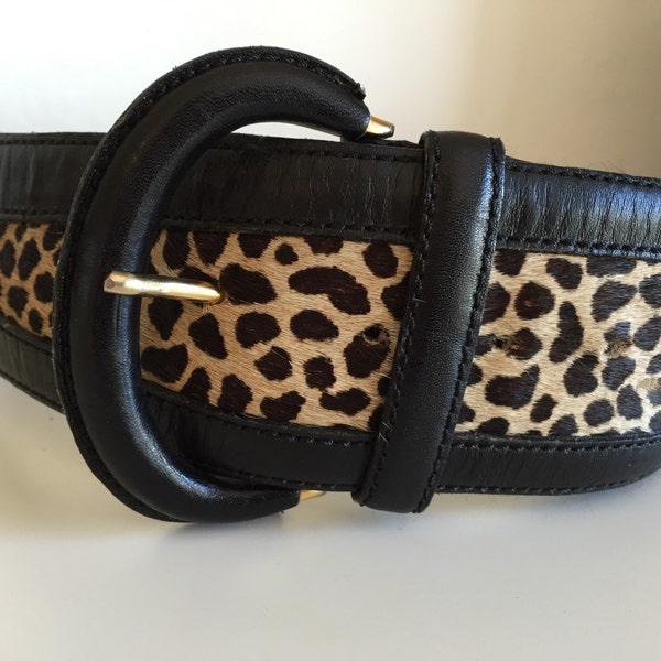 Avignon Black Leather Leopard Print Wide Vintage Belt Made in Spain - Small