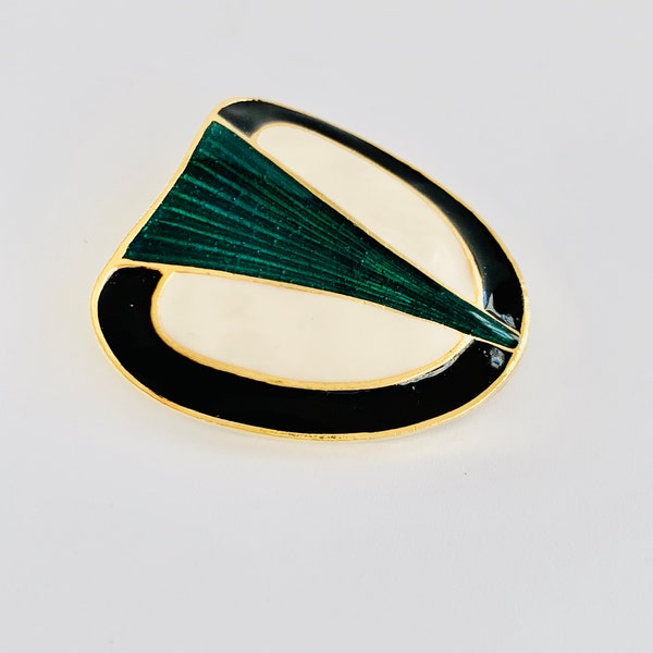 KJL Fur Clip, Kenneth Jay Lane Black Emerald Green Ivory Enamel Deco Nouveau Style Fur Clip, Deco Clip, Art Deco Fur Clip