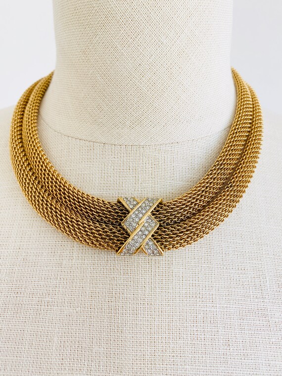 Vintage Monet Gold Mesh Choker Rhinestone Necklace