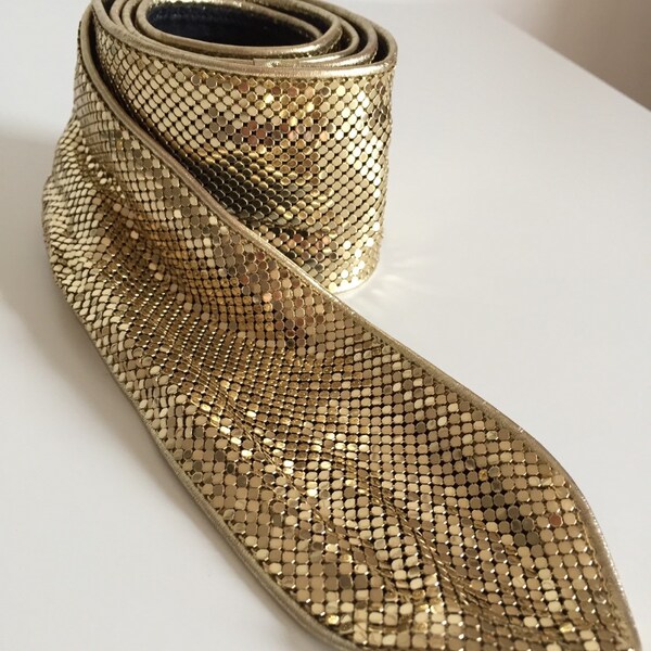 Reversible Whiting Davis Unsigned 3" Wide Gold Mesh & Black Leather lined Sash Belt Scarf